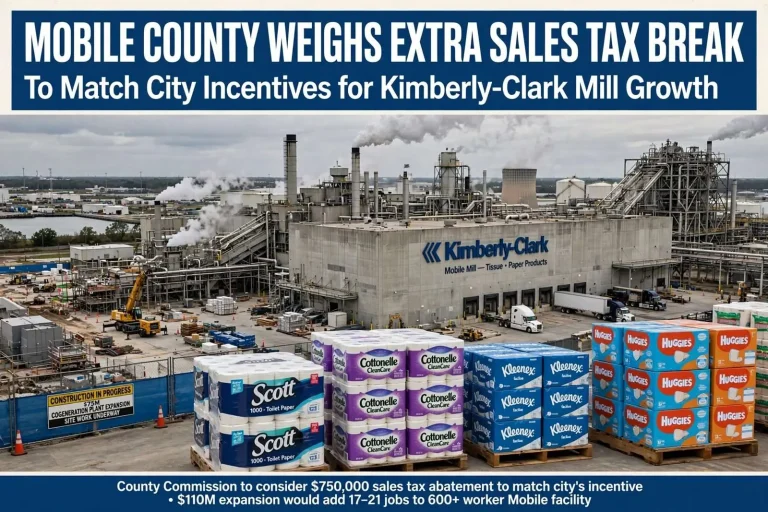Illustration for the news story: Mobile County Weighs Extra Sales Tax Break to Match City Incentives for Kimberly-Clark Mill Growth