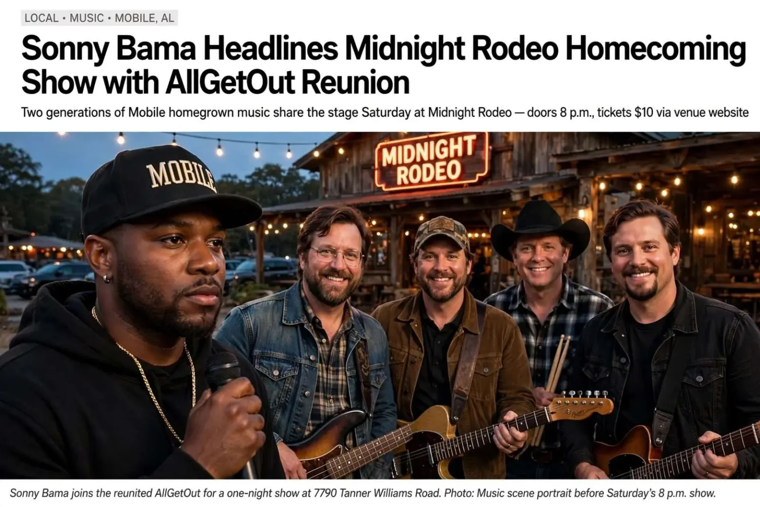 Illustration for the news story: Sonny Bama Headlines Midnight Rodeo Homecoming Show with AllGetOut Reunion