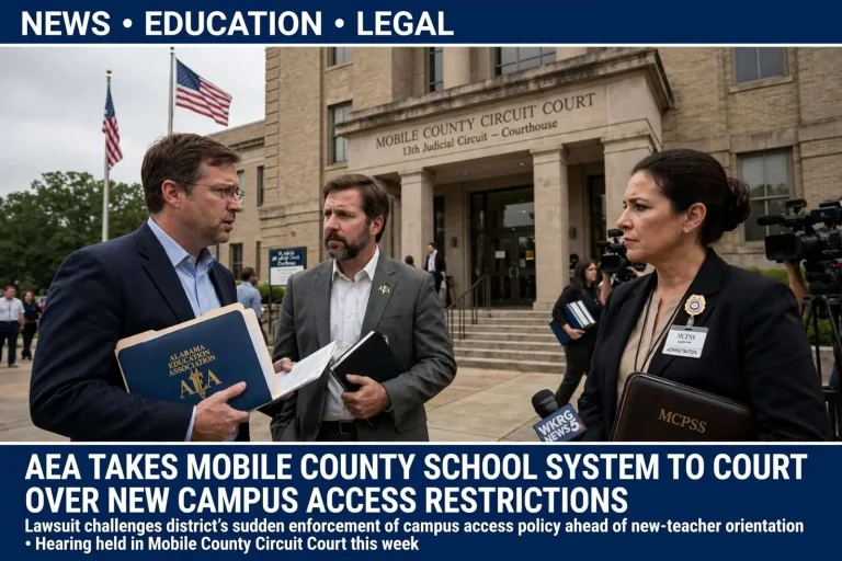 Illustration for the news story: AEA Takes Mobile County School System to Court Over New Campus Access Restrictions