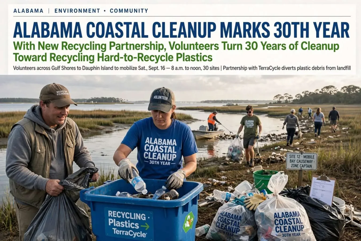 Illustration for the news story: Alabama Coastal Cleanup Marks 30th Year With New Recycling Partnership