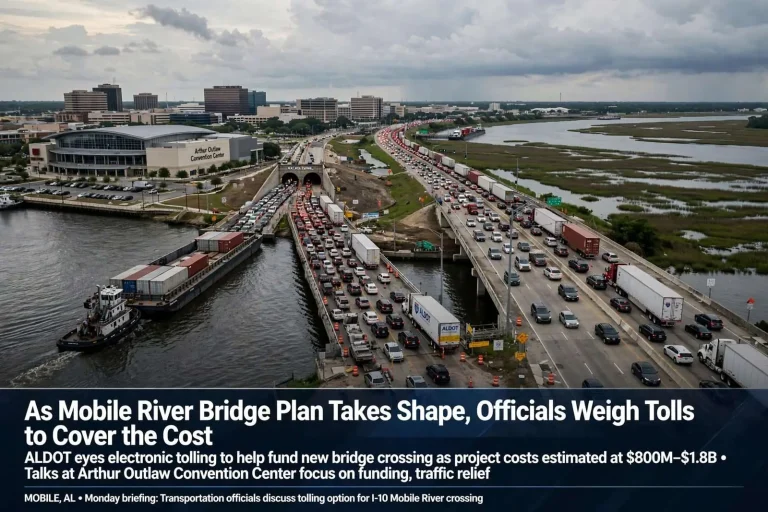 Illustration for the news story: As Mobile River Bridge Plan Takes Shape, Officials Weigh Tolls to Cover the Cost