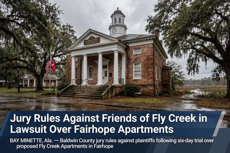 Illustration for the news story: Jury Rules Against Friends of Fly Creek in Lawsuit Over Fairhope Apartments