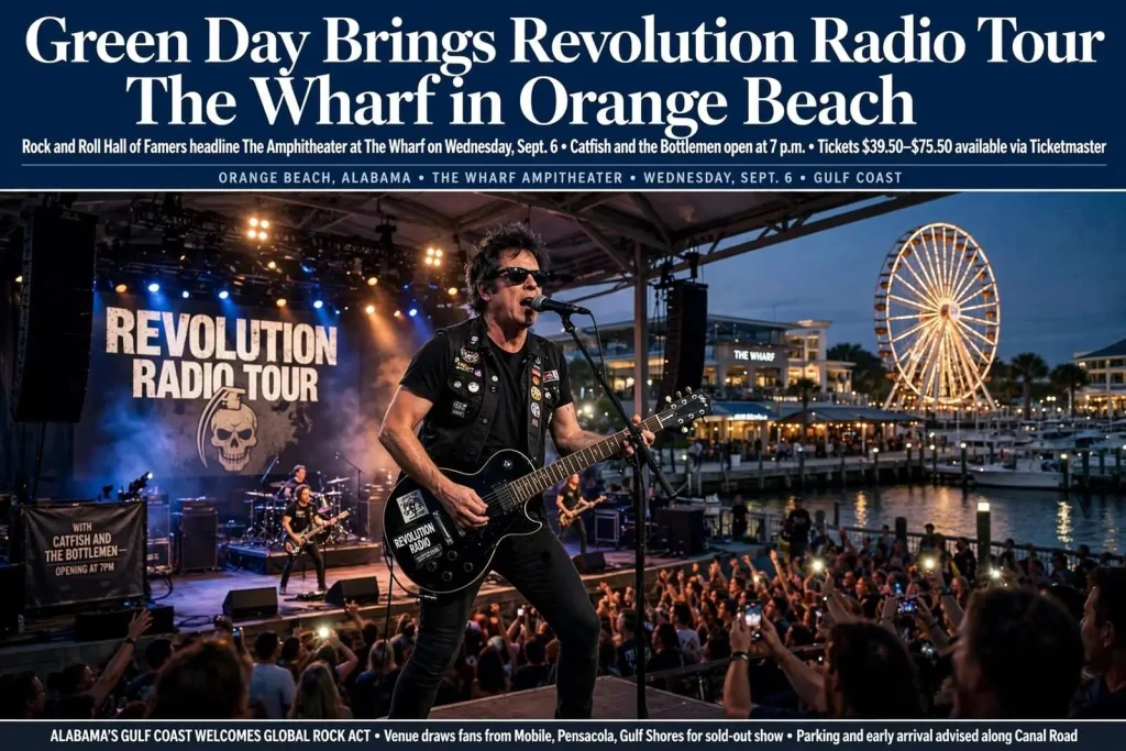 Illustration for the news story: Green Day Brings Revolution Radio Tour to The Wharf in Orange Beach