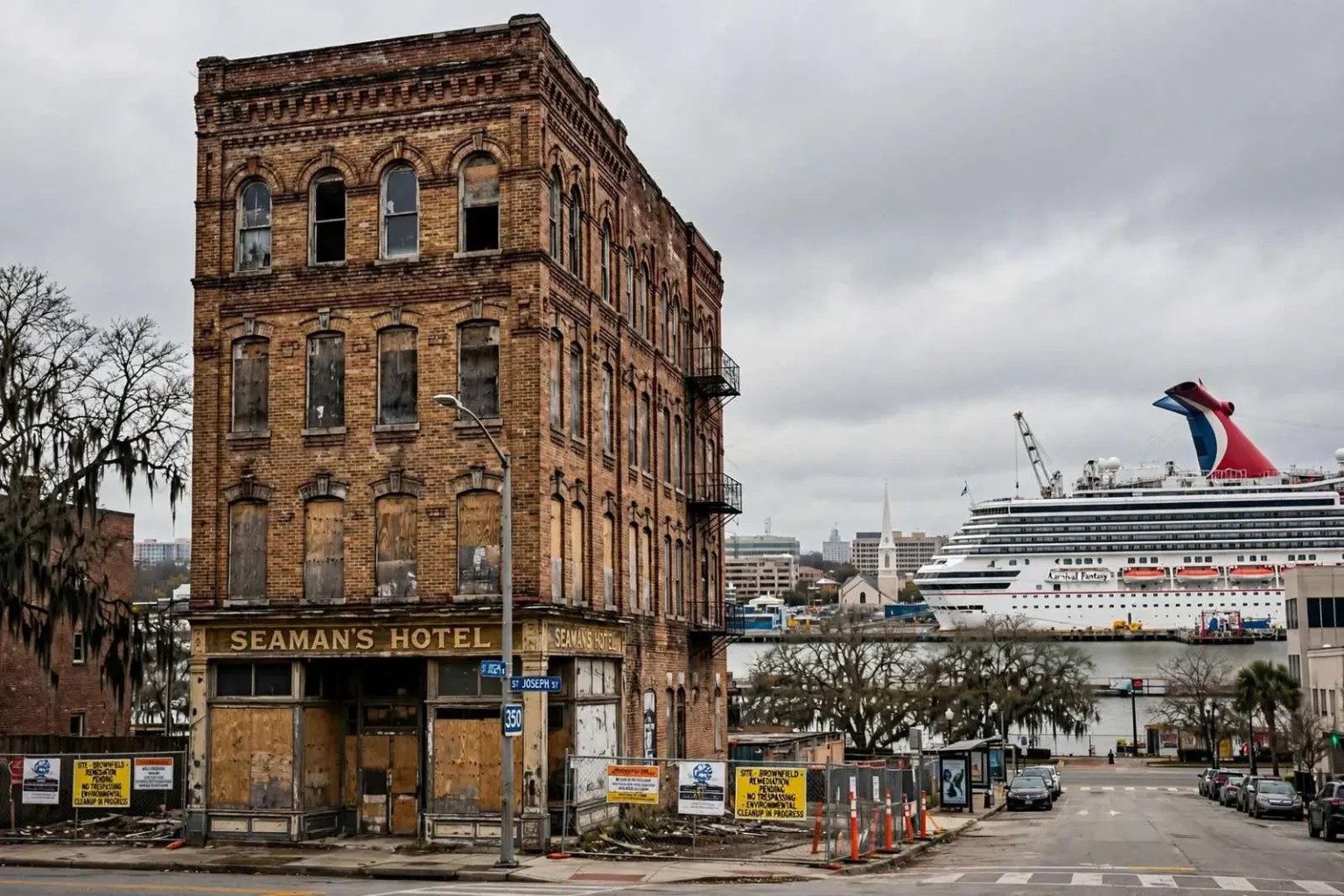 Illustration for the news story: Mobile Council Delays Vote on Old Seaman’s Hotel Apartments, Extends Carnival Cruise Deal