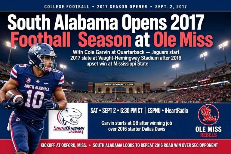 Illustration for the news story: South Alabama Opens 2017 Football Season at Ole Miss With Cole Garvin at Quarterback