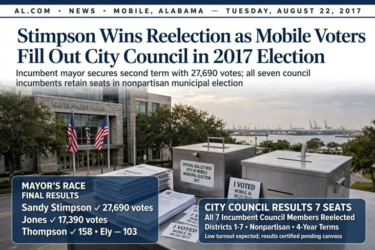 Illustration for the news story: Stimpson Wins Reelection as Mobile Voters Fill Out City Council in 2017 Election