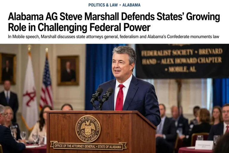 Illustration for the news story: Alabama AG Steve Marshall Defends States’ Growing Role in Challenging Federal Power, Talks Confederate Monuments Law in Mobile Speech