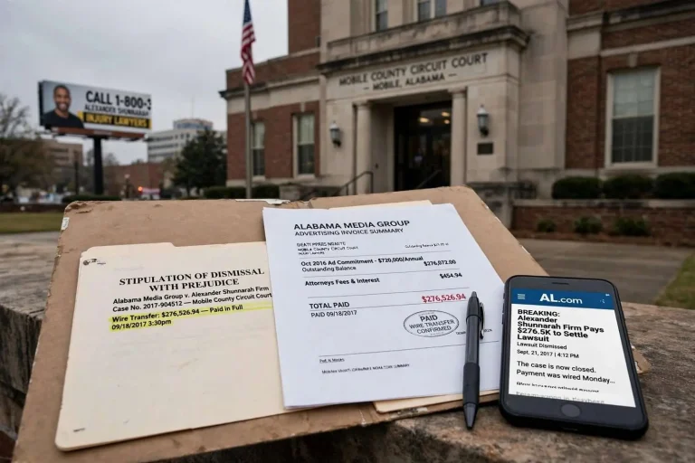 Illustration for the news story: Alexander Shunnarah Firm Pays $276,526 to End Alabama Media Group’s Unpaid-Ad Lawsuit