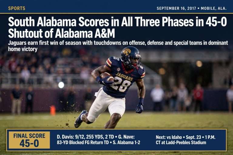Illustration for the news story: South Alabama Scores in All Three Phases in 45-0 Shutout of Alabama A&M