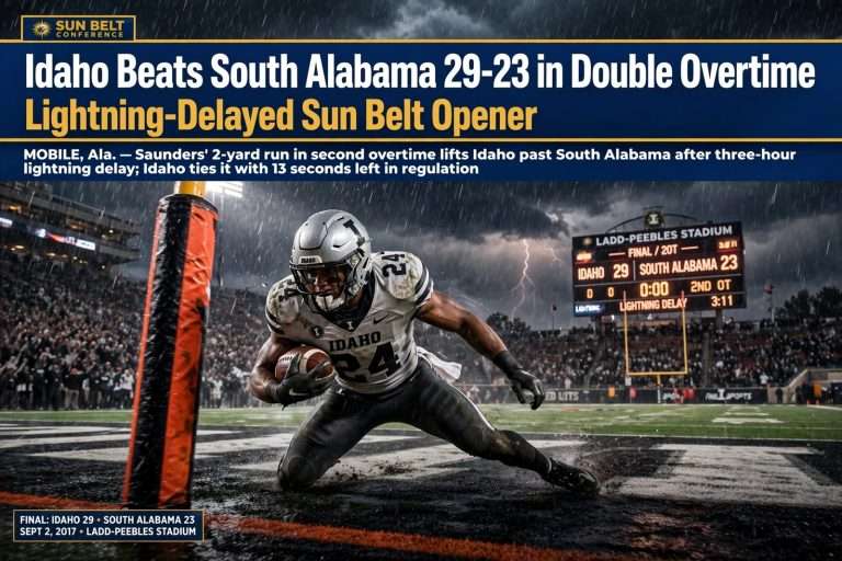 Illustration for the news story: Idaho Beats South Alabama 29-23 in Double Overtime in Lightning-Delayed Sun Belt Opener