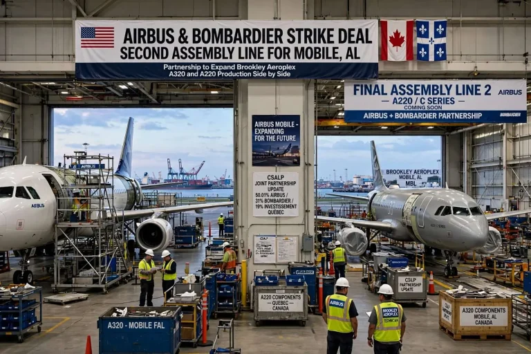 Illustration for the news story: Airbus, Bombardier Strike Deal to Add Second Jet Assembly Line in Mobile