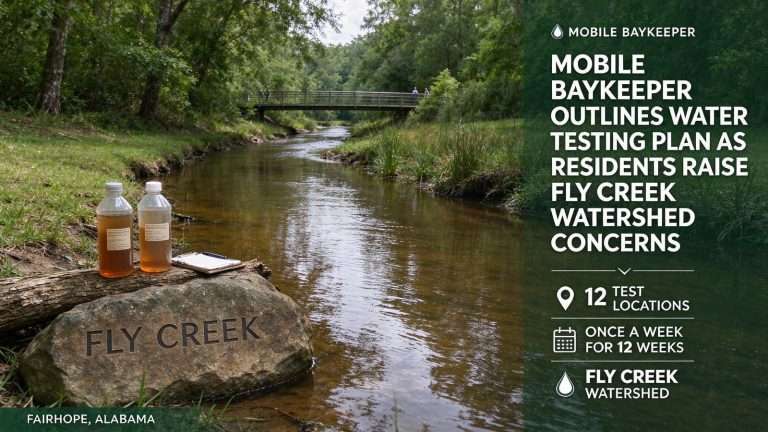 Illustration for the news story: Mobile Baykeeper Outlines Water Testing Plan as Residents Raise Fly Creek Watershed Concerns