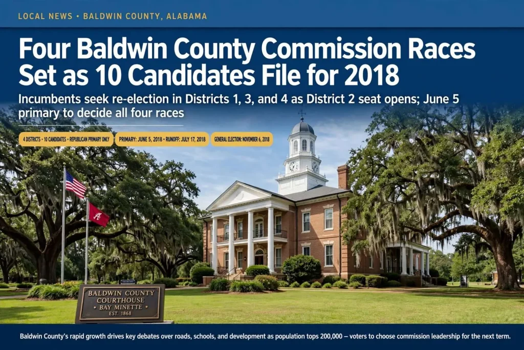 Illustration for the news story: Four Baldwin County Commission Races Set as 10 Candidates File for 2018