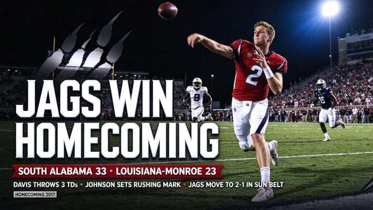 Illustration for the news story: Dallas Davis Throws Three Touchdowns as South Alabama Beats Louisiana-Monroe 33-23 on Homecoming