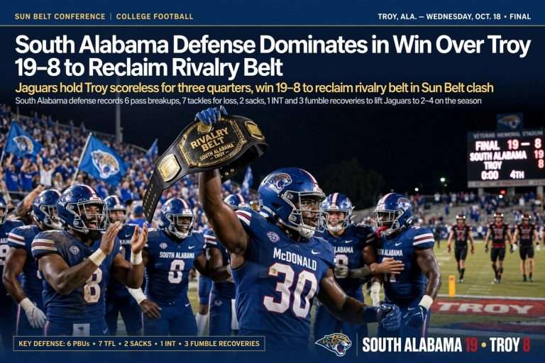Illustration for the news story: South Alabama Defense Dominates in Win Over Troy 19-8 to Reclaim Rivalry Belt