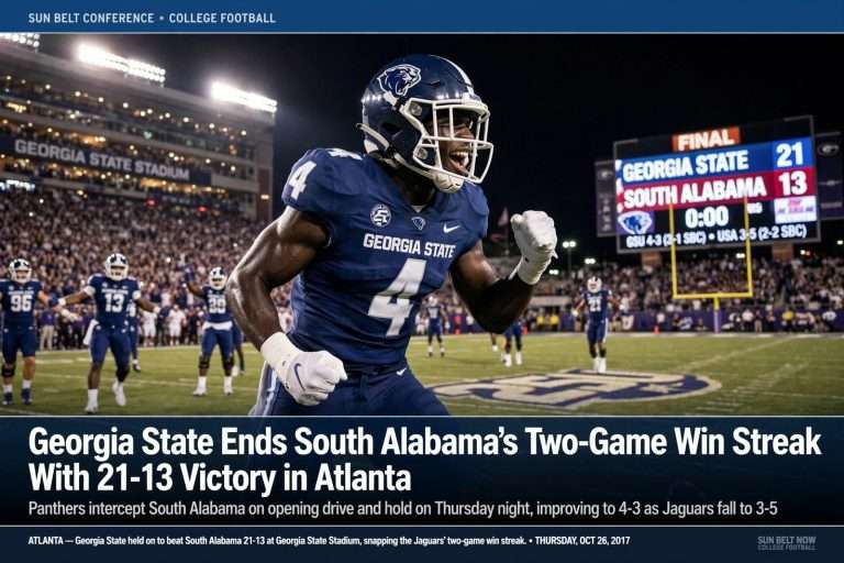 Illustration for the news story: Georgia State Ends South Alabama’s Two-Game Win Streak With 21-13 Victory in Atlanta