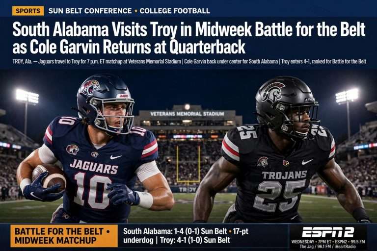 Illustration for the news story: South Alabama Visits Troy in Midweek Battle for the Belt as Cole Garvin Returns at Quarterback