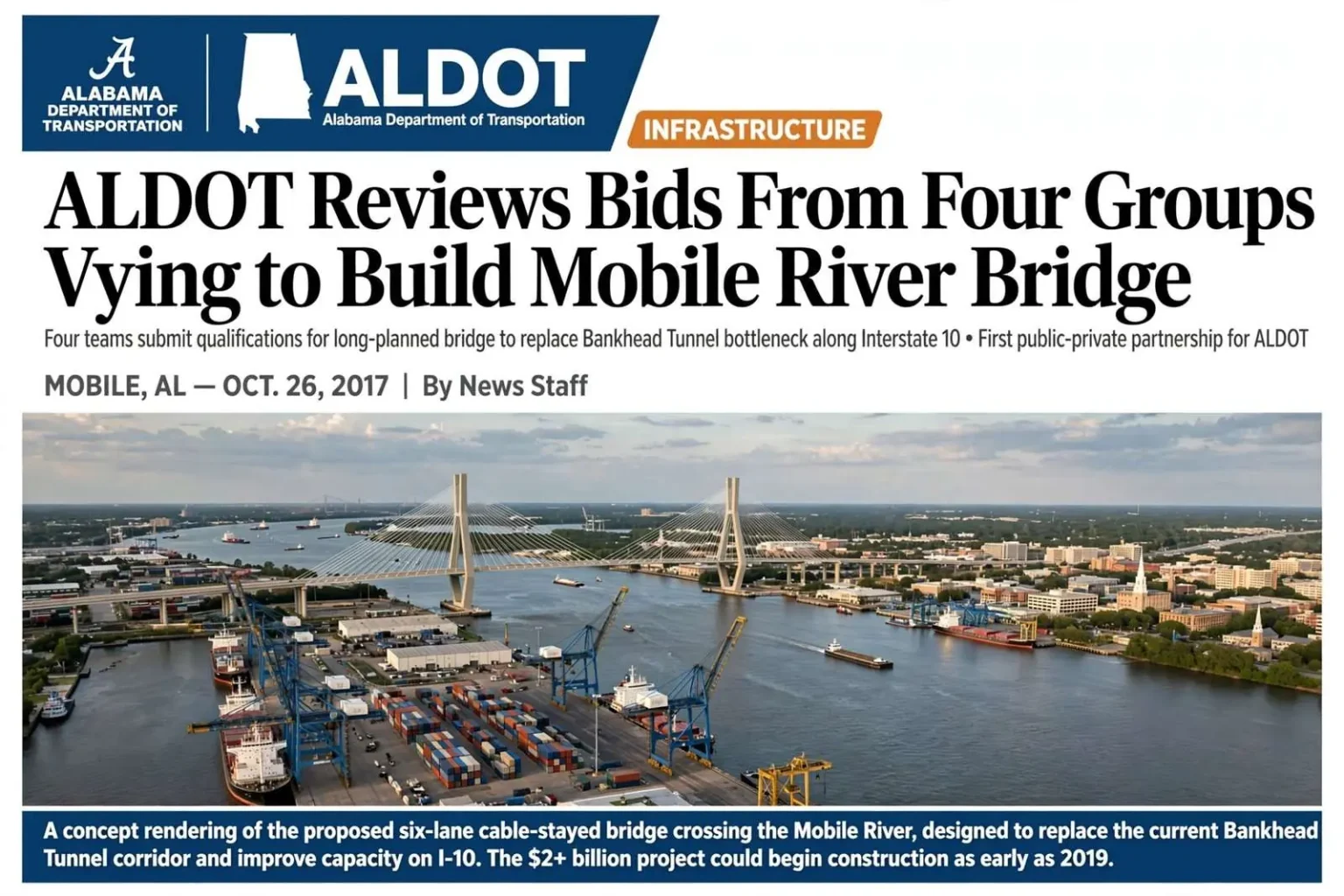 Illustration for the news story: ALDOT Reviews Bids From Four Groups Vying to Build Mobile River Bridge