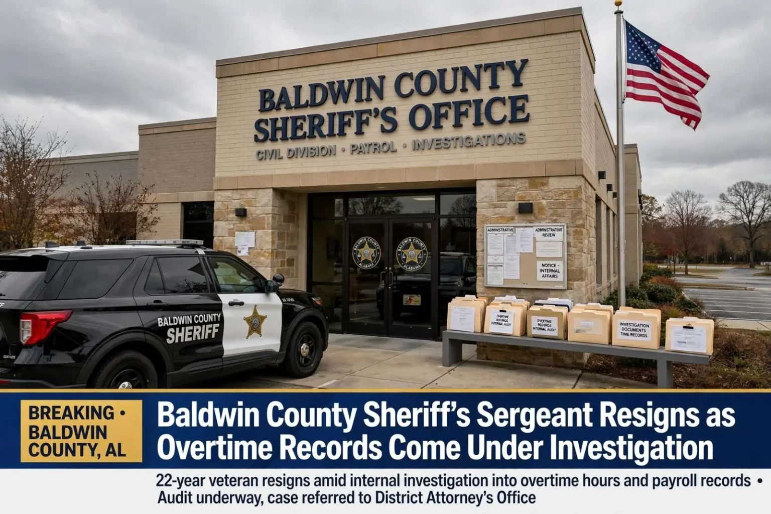 Illustration for the news story: Baldwin County Sheriff’s Sergeant Resigns as Overtime Records Come Under Investigation