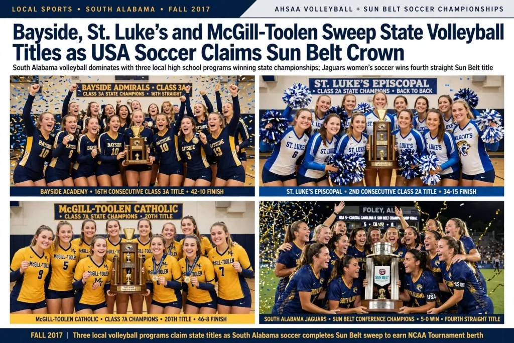 Illustration for the news story: Bayside, St. Luke’s and McGill-Toolen Sweep State Volleyball Titles as USA Soccer Claims Sun Belt Crown