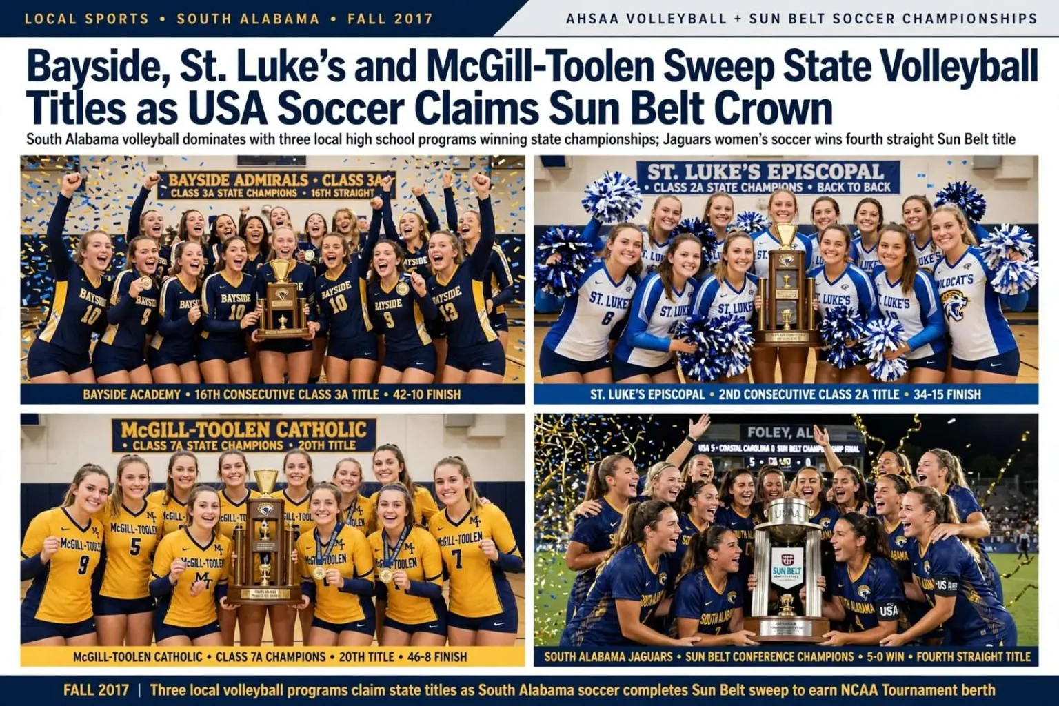 Illustration for the news story: Bayside, St. Luke’s and McGill-Toolen Sweep State Volleyball Titles as USA Soccer Claims Sun Belt Crown