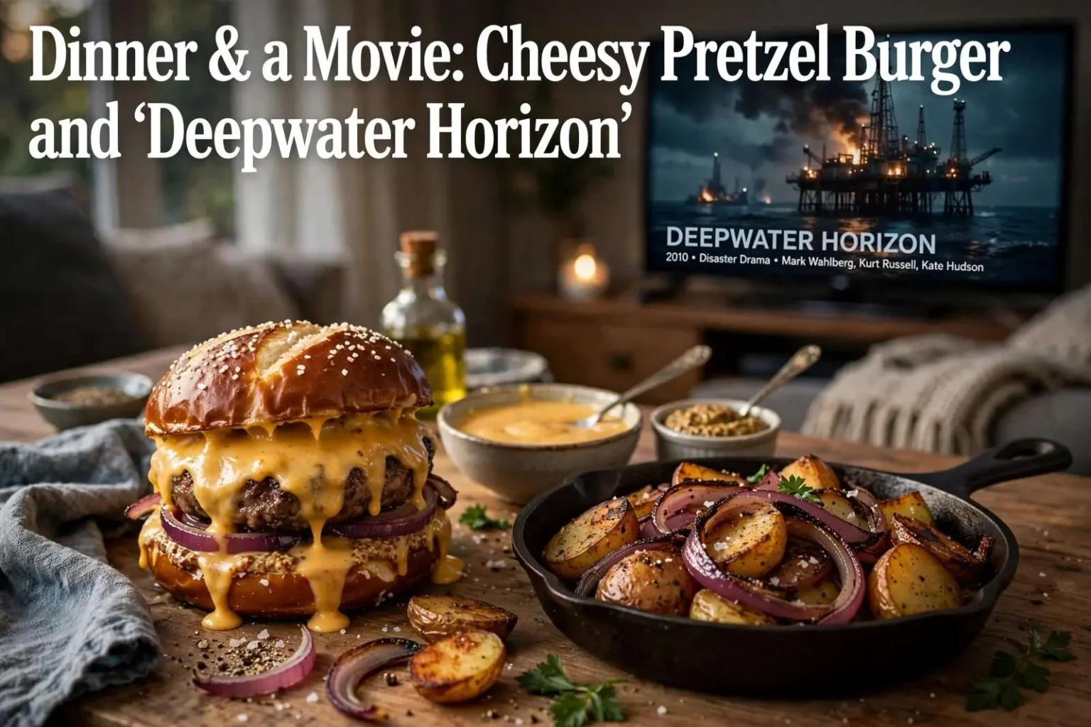 Illustration for the news story: Dinner & a Movie: Cheesy Pretzel Burger and ‘Deepwater Horizon’