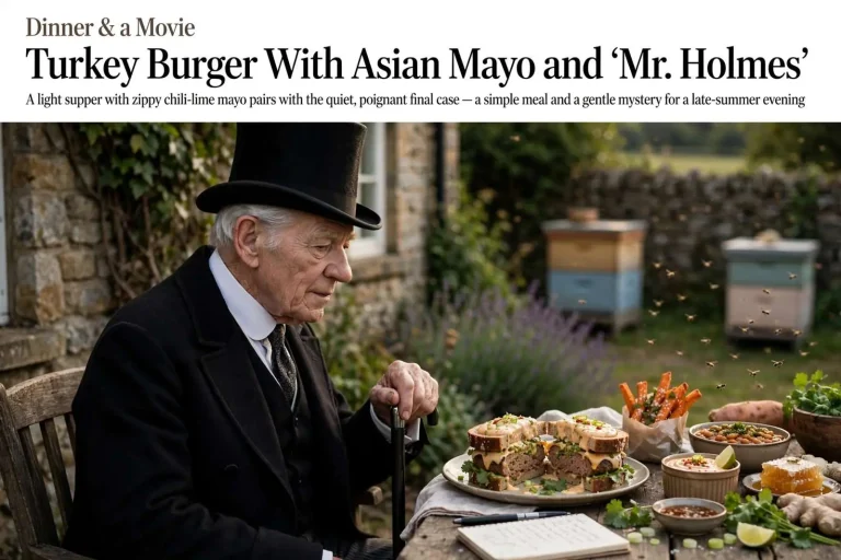 Illustration for the news story: Dinner & a Movie: Turkey Burger With Asian Mayo and ‘Mr. Holmes’
