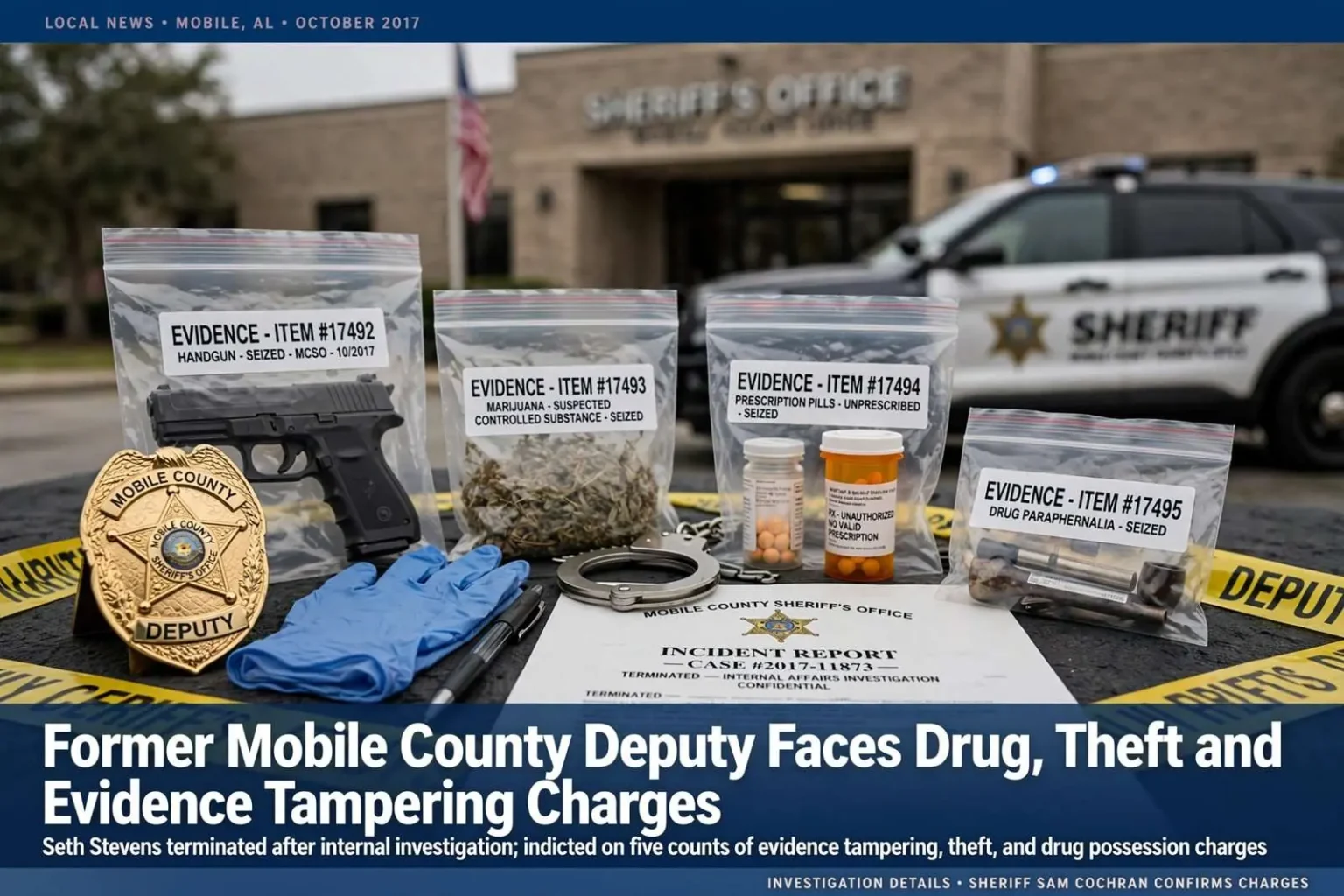 Illustration for the news story: Former Mobile County Deputy Faces Drug, Theft and Evidence Tampering Charges