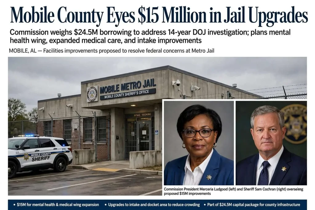 Illustration for the news story: Mobile County Eyes $15 Million in Jail Upgrades to Address Long-Running DOJ Concerns