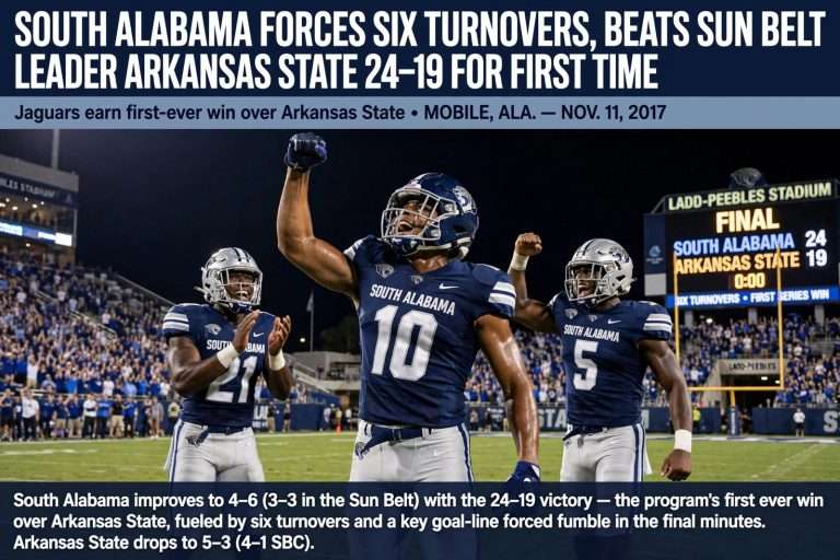 Illustration for the news story: South Alabama Forces Six Turnovers, Beats Sun Belt Leader Arkansas State 24-19 for First Time