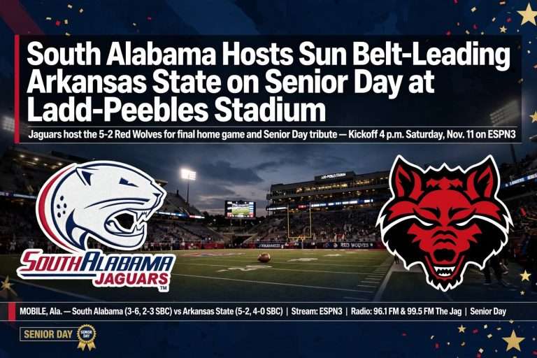 Illustration for the news story: South Alabama Hosts Sun Belt-Leading Arkansas State on Senior Day at Ladd-Peebles Stadium