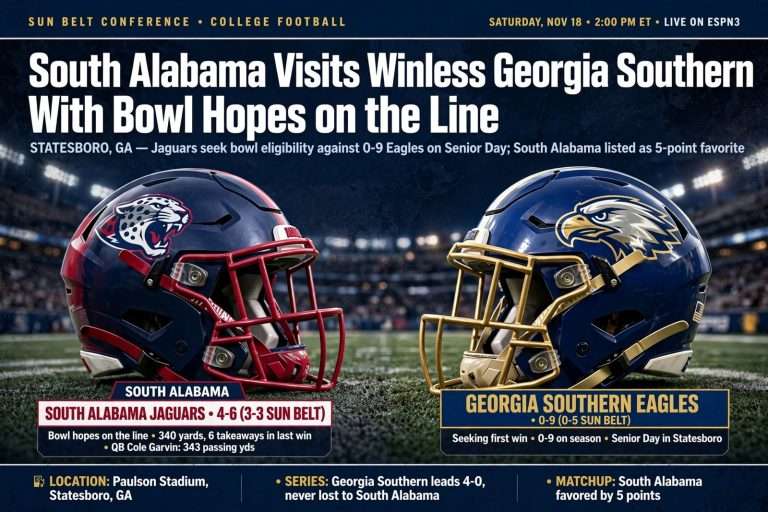 Illustration for the news story: South Alabama Visits Winless Georgia Southern With Bowl Hopes on the Line