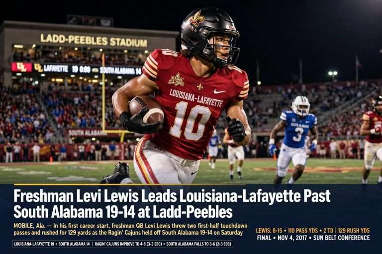 Illustration for the news story: Freshman Levi Lewis Leads Louisiana-Lafayette Past South Alabama 19-14 at Ladd-Peebles
