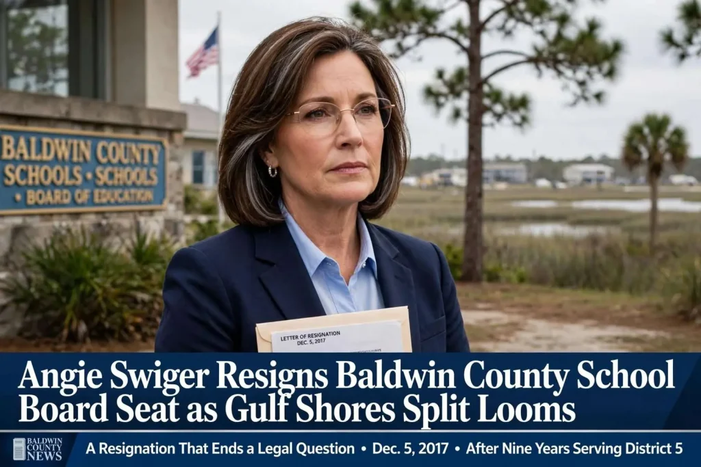 Illustration for the news story: Angie Swiger Resigns Baldwin County School Board Seat as Gulf Shores Split Looms