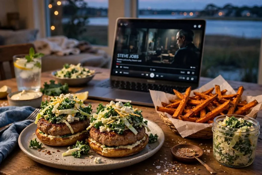 Illustration for the news story: Dinner and a Movie: Pork Burgers With Sweet Potato Fries and the Story of Steve Jobs