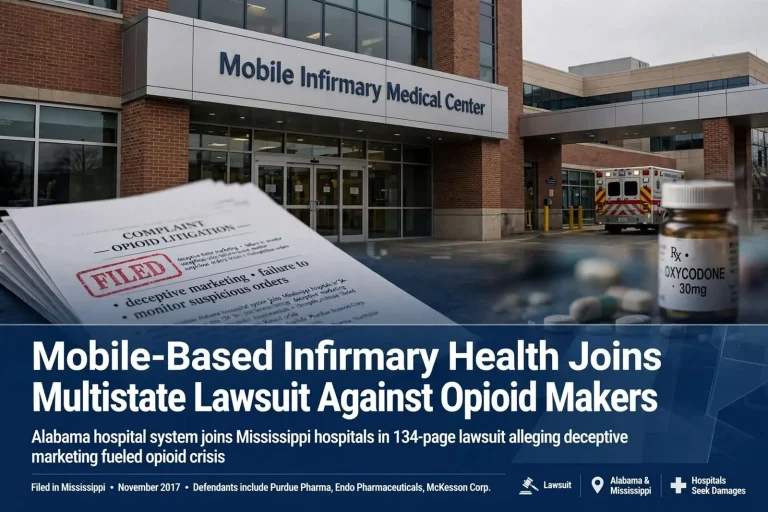 Illustration for the news story: Mobile-Based Infirmary Health Joins Multistate Lawsuit Against Opioid Makers