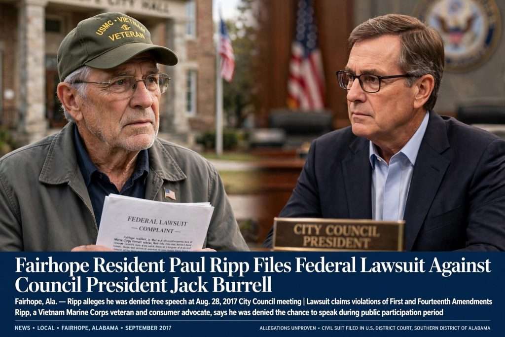Illustration for the news story: Fairhope Resident Paul Ripp Files Federal Lawsuit Against Council President Jack Burrell