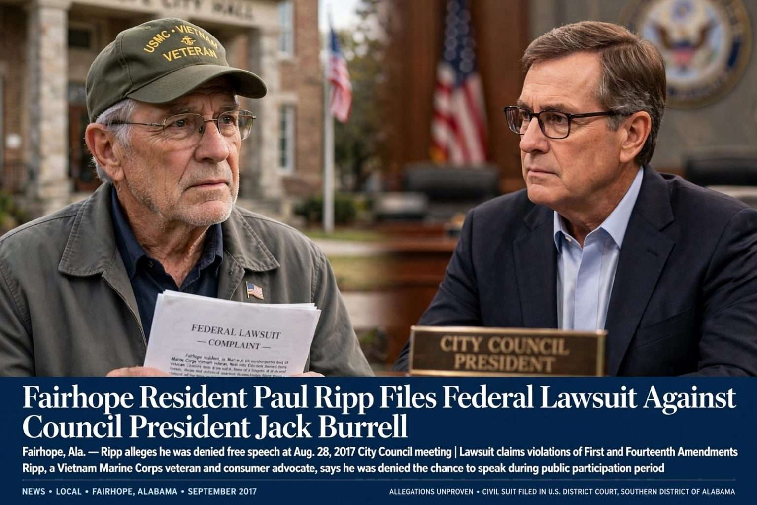 Illustration for the news story: Fairhope Resident Paul Ripp Files Federal Lawsuit Against Council President Jack Burrell