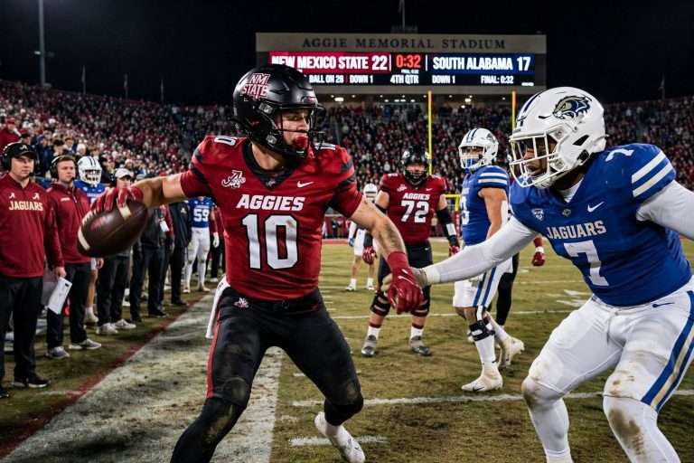 Illustration for the news story: New Mexico State Scores in Final Minute to Beat South Alabama 22-17 in Joey Jones’ Final Game