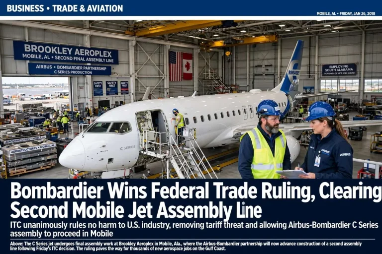 Illustration for the news story: Bombardier Wins Federal Trade Ruling, Clearing Path for Second Mobile Jet Assembly Line