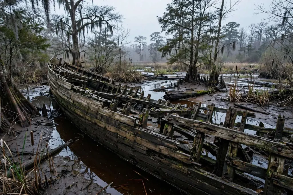 Illustration for the news story: Could the Clotilda, the last slave ship to reach America, lie in the Mobile-Tensaw Delta?