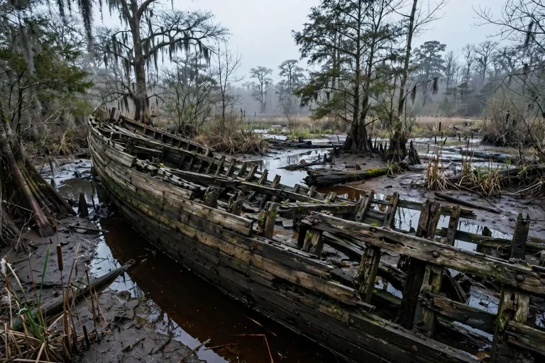 Illustration for the news story: Could the Clotilda, the last slave ship to reach America, lie in the Mobile-Tensaw Delta?