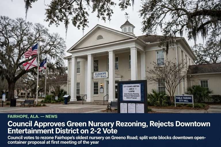 Illustration for the news story: Fairhope Council Approves Green Nursery Rezoning, Rejects Downtown Entertainment District on 2-2 Vote