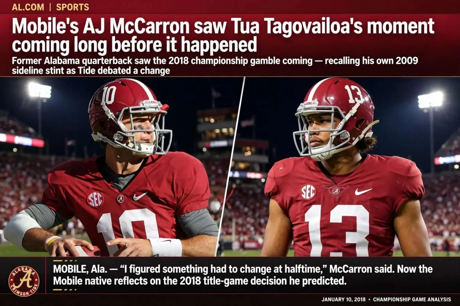 Illustration for the news story: Mobile’s AJ McCarron saw Tua Tagovailoa’s moment coming long before it happened