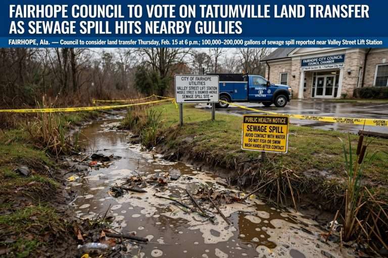 Illustration for the news story: Fairhope Council to Vote on Tatumville Land Transfer as Sewage Spill Hits Nearby Gullies