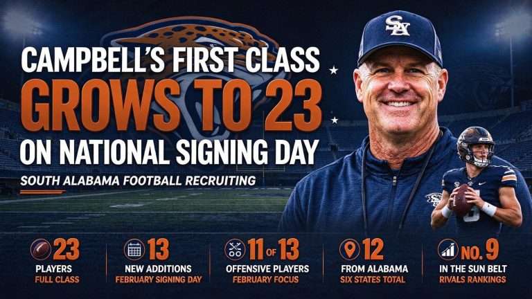Illustration for the news story: Steve Campbell’s First South Alabama Class Grows to 23 on National Signing Day