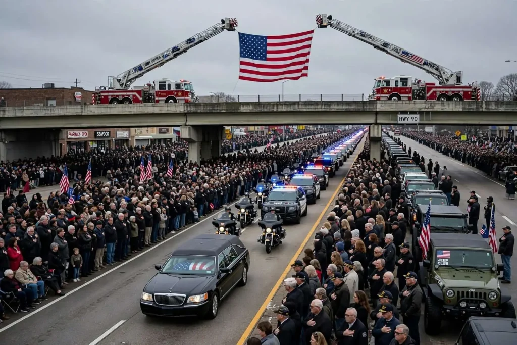 Illustration for the news story: Thousands Line Mobile’s Streets From Downtown to the Cemetery to Honor Officer Justin Billa