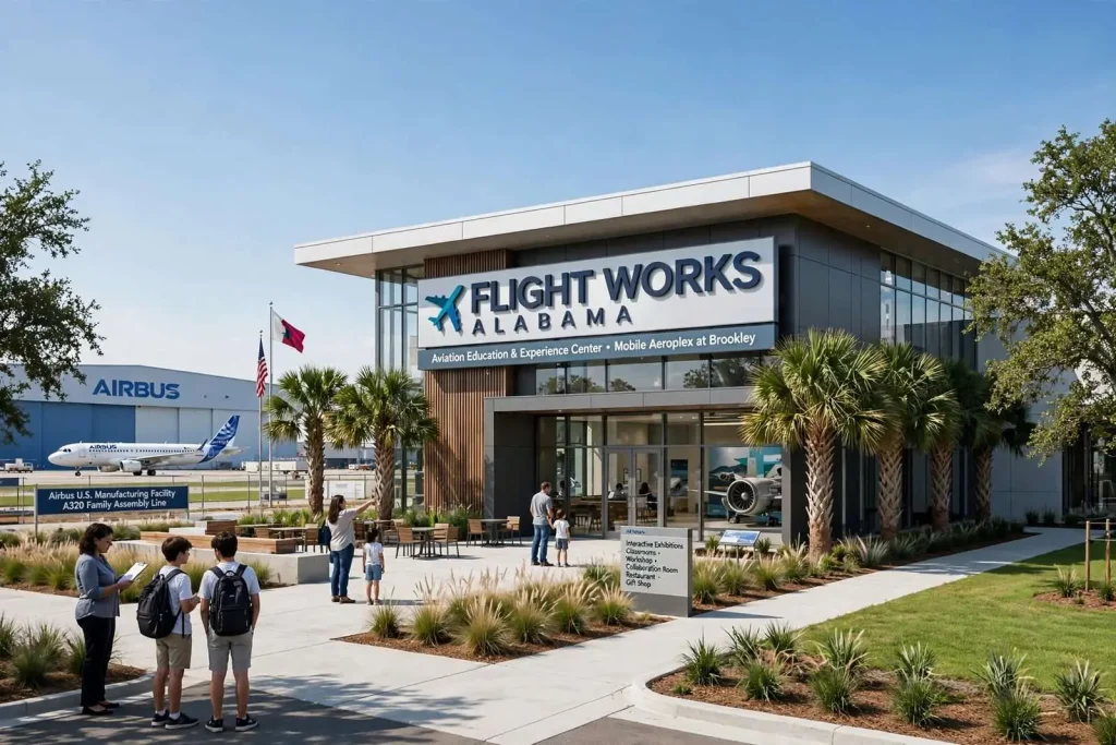 Illustration for the news story: Airbus, State Unveil Flight Works Alabama Name and Design for New Mobile Aviation Center