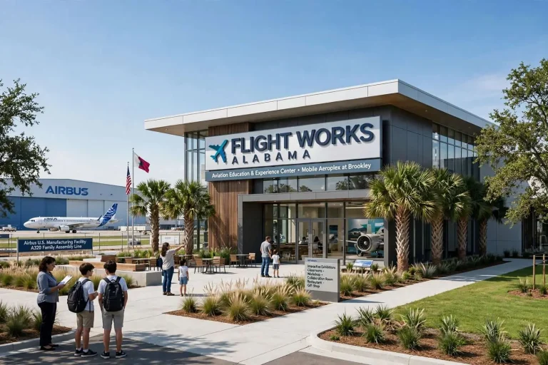 Illustration for the news story: Airbus, State Unveil Flight Works Alabama Name and Design for New Mobile Aviation Center