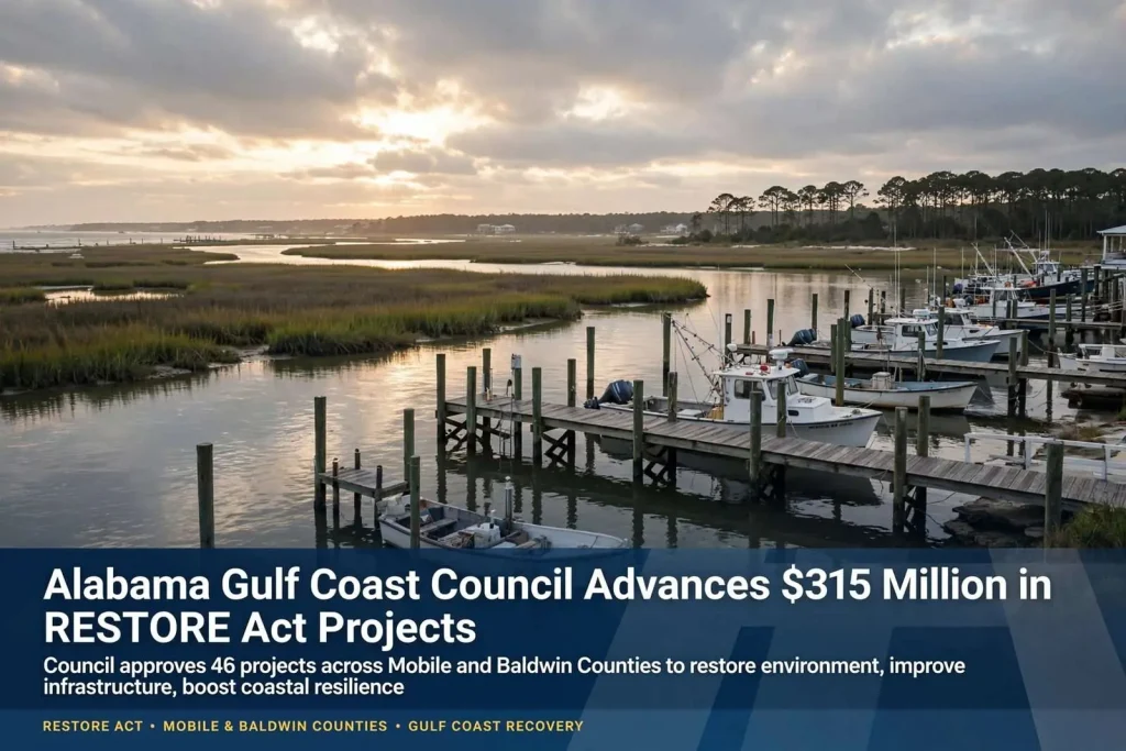 Illustration for the news story: Alabama Gulf Coast Council Advances $315 Million in RESTORE Act Projects Across Mobile and Baldwin Counties